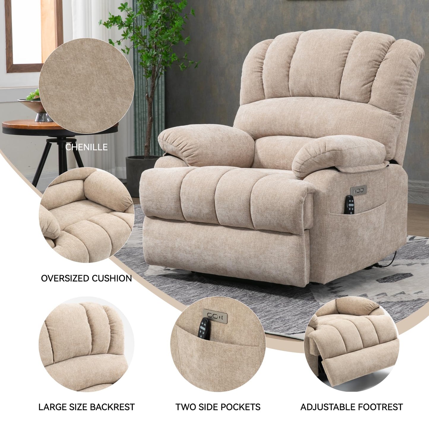 KEIKI Large Power Lift Recliner Chair with Wide Seat and Remote for Big and Tall, Soft Fabric Finish with Vibration Massage and Lumbar Heating