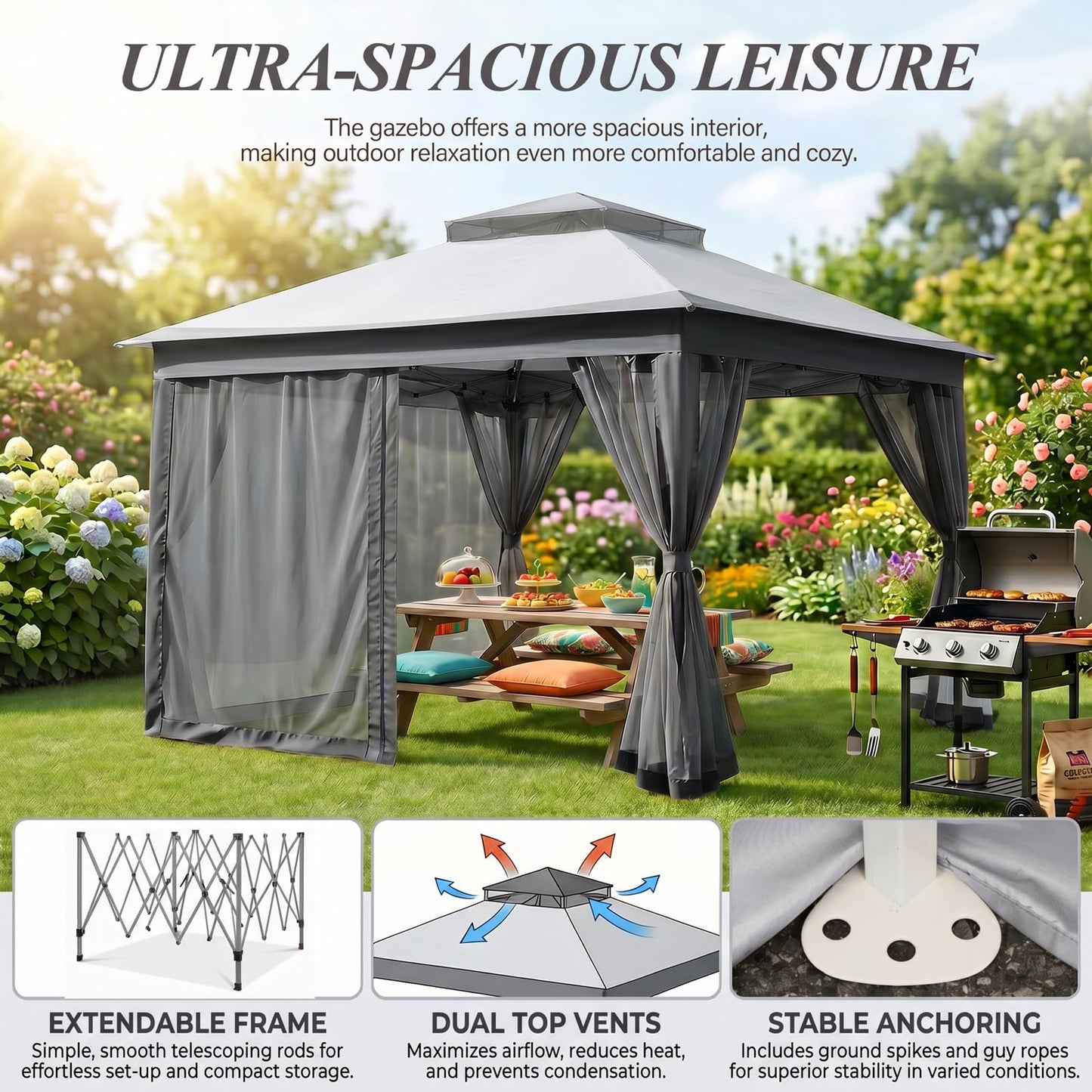 11x11 Pop Up Gazebo, Instant Waterproof Outdoor Canopy Tent with Removable Mesh Netting, UV Protection Portable Sun Shelter with Wheeled Cover Bag for Patio Backyard, Gray