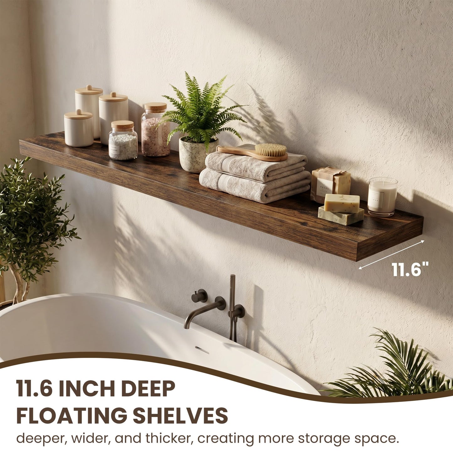 Acovy 72 Inch Long Floating Shelves for Wall Set of 2,12" Deep Wall Shelf,Large Floating Shelf with Invisible Brackets for Bedroom,Bathroom,Kitchen,Farmhouse Home Decor Display Bookshelf,Rustic Brown