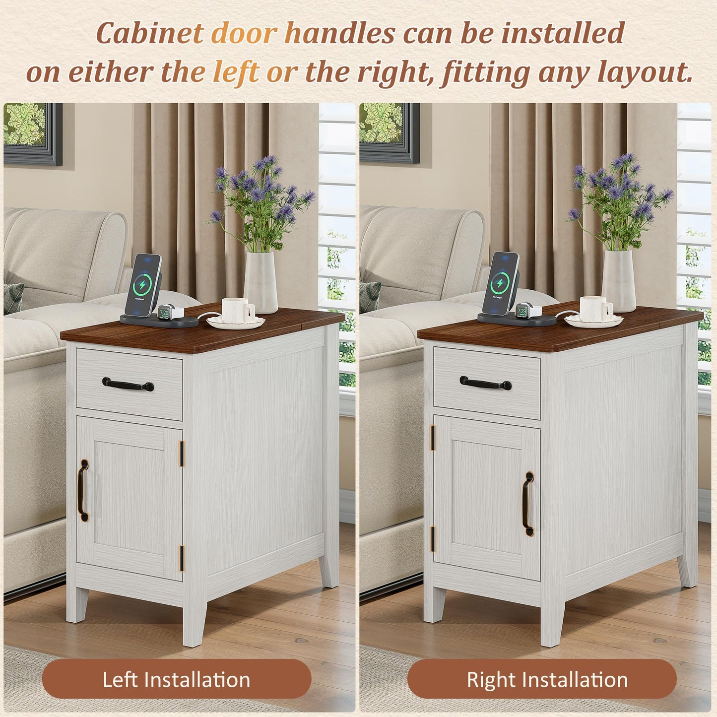 Alohappy End Table Set of 2 with Charging Station, Narrow Side Table with Hidden Flip Top & Power Strip, Farmhouse Nightstand with Drawer and Storage Cabinet for Living Room, Bedroom (2, White)