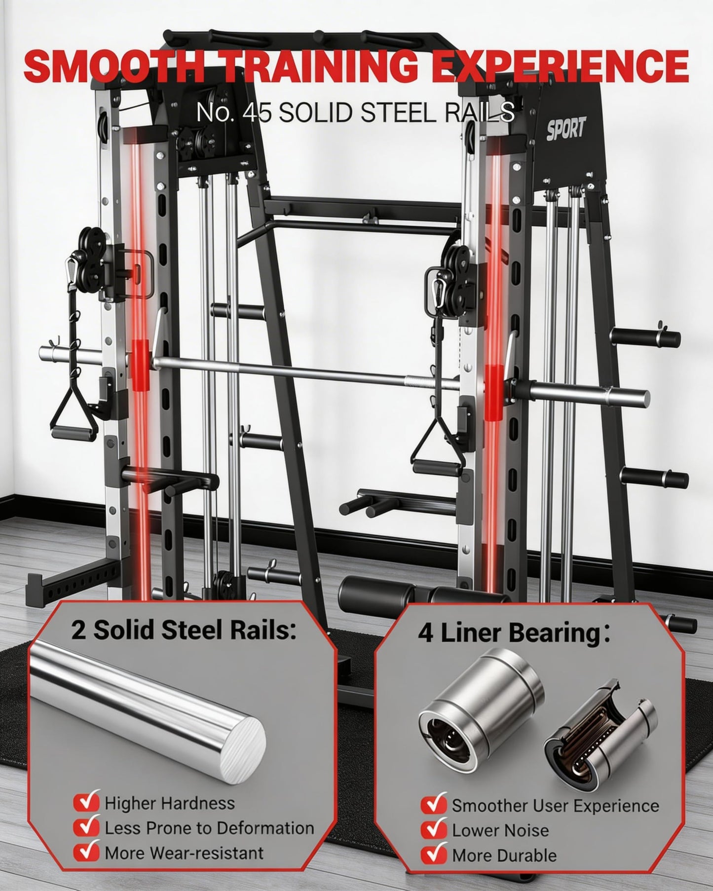 Smith Machine Home Gym, 2200LB Power Cage with Dual Pulley Cable Systems, LAT Pull-Down, Leg Hold-Down & 20+ Attachments for Full Body Workouts, Red