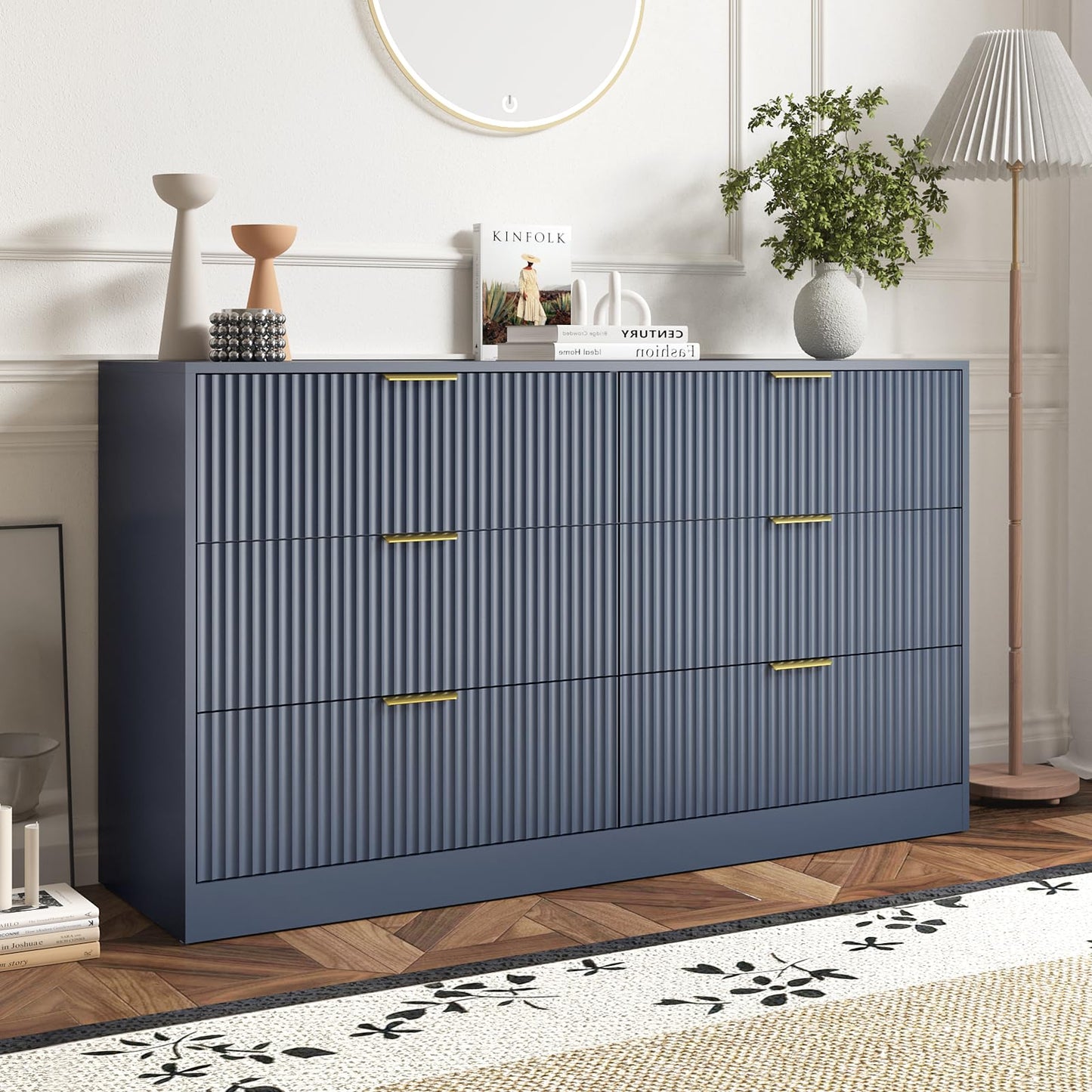 Sscaktu 6 Drawer Fluted Dresser for the Bedroom, 55" Wide Wooden Dresser with Deep Drawers, Large Floor Chest of Drawers, Modern Long TV Stand, Storage Cabinet for Livingroom, Hallway, Blue