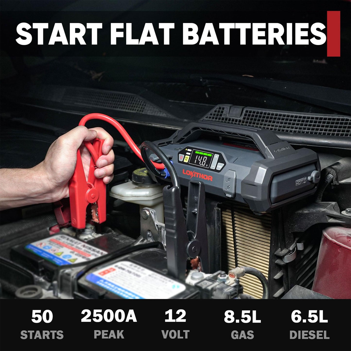 LOKITHOR JA302 Jump Starter with Air Compressor, 2500Amp 12V Portable Car Battery Booster Pack for Upto 8.5L Gas or 6.5L Diesel, 150 PSI Tire Inflator with Digital Screen, 36 Months Ultra-Long Standby