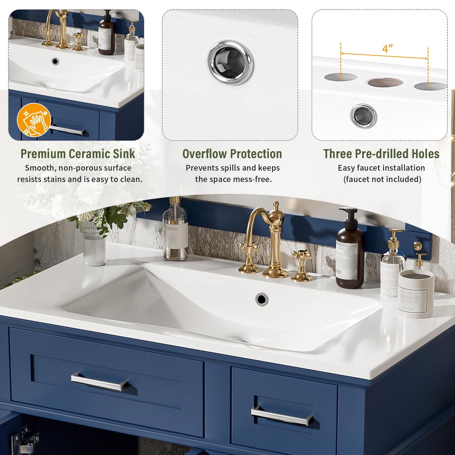 Merax 30" Small Bathroom Vanity with Ceramic Sink, Modern Solid Wood Frame Free-Standing Storage Cabinet, Soft-Close Doors, 2 Drawers & Under-Sink Storage, Space-Saving for Small Bathroom, Blue