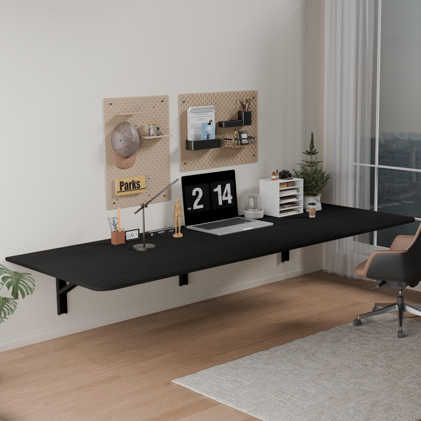 IAE 60" x 22" Floating Foldable Desk,Wall-Mounted Folding Computer Table with Engineered Wood,Study Table with Shelf Brackets,Fold Down Shelf,Fold Computer Desk for Small Apartment,Holds 500 lb,Black
