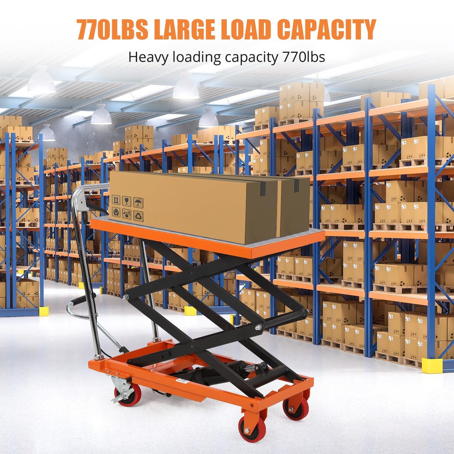 Garvee Manual Hydraulic Scissor Lift Table, 770lbs Capacity Double Scissor Industrial Cart with 4 Wheels, Anti-Slip Platform, 59" Max Height Adjustable Mobile Elevating Cart, Orange