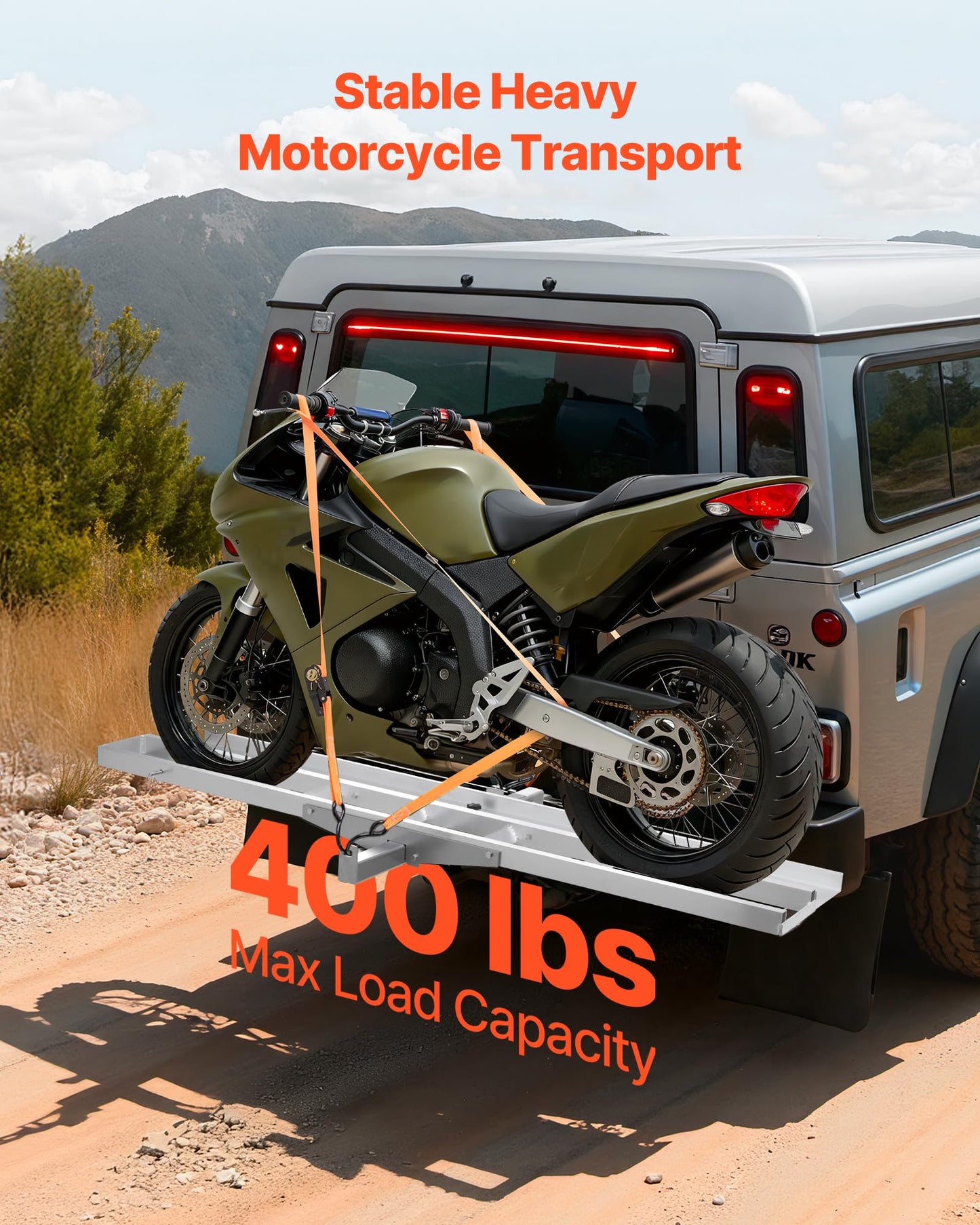 VEVOR Motorcycle Carrier, 400 lbs Capacity, Heavy Duty Aluminum Hitch Mount Rack with 73in Loading Ramp, Straps & Stabilizer, Scooter Dirt Bike Trailer Hauler for Car Truck with 2-Inch Hitch Receiver