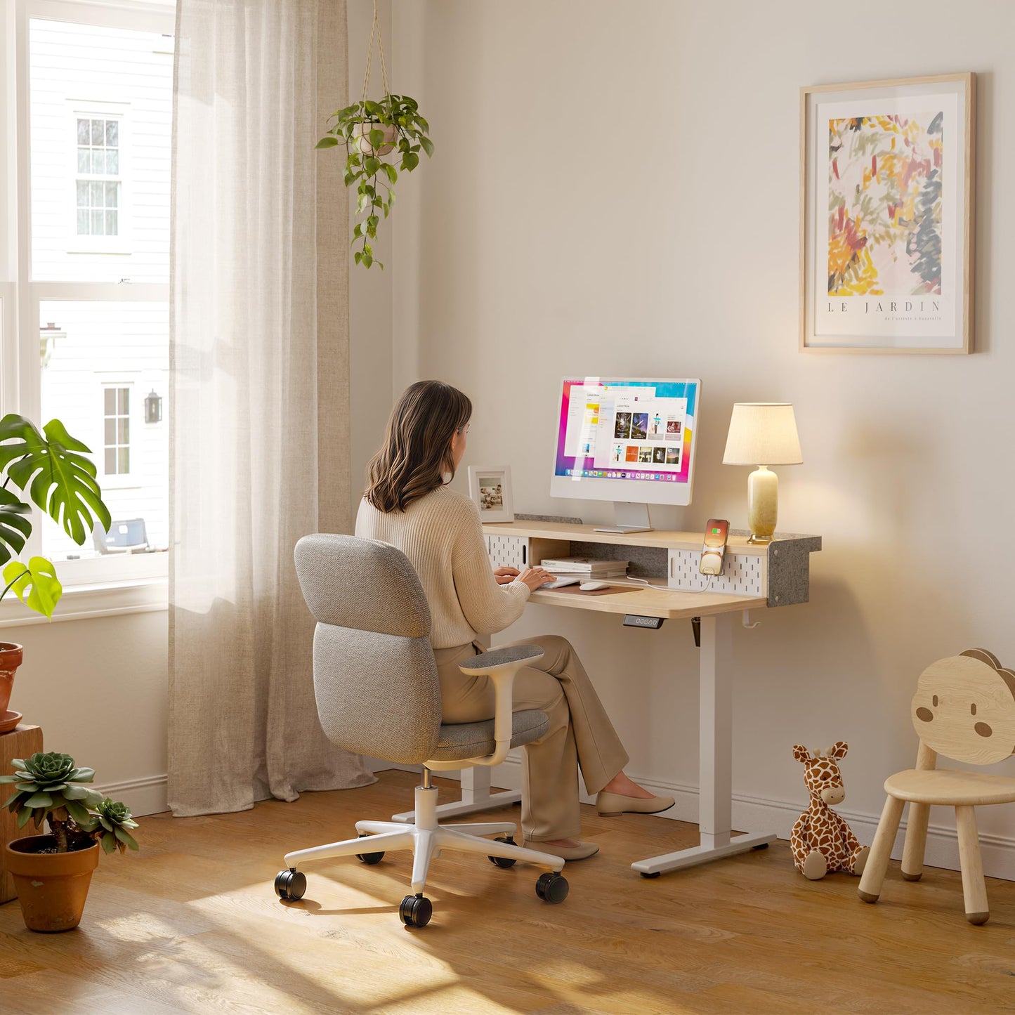 FEZIBO 48 X 24 Inch Standing Desk with Storage, Adjustable Height Sit Stand Desk with Sliding Pegboard Organizer, Felt Wall Bumper, Monitor Arm Compatible for Home Office Workstation, Maple
