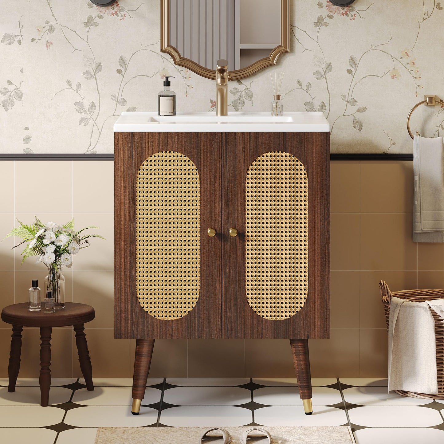 DWVO 24 Inch Rattan Vanity with Sink, Small Freestanding Bathroom Vanity Cabinet, Boho Style with 2 Large Soft-Closing Doors & Four-Sided Water Barrier Strip, Walnut