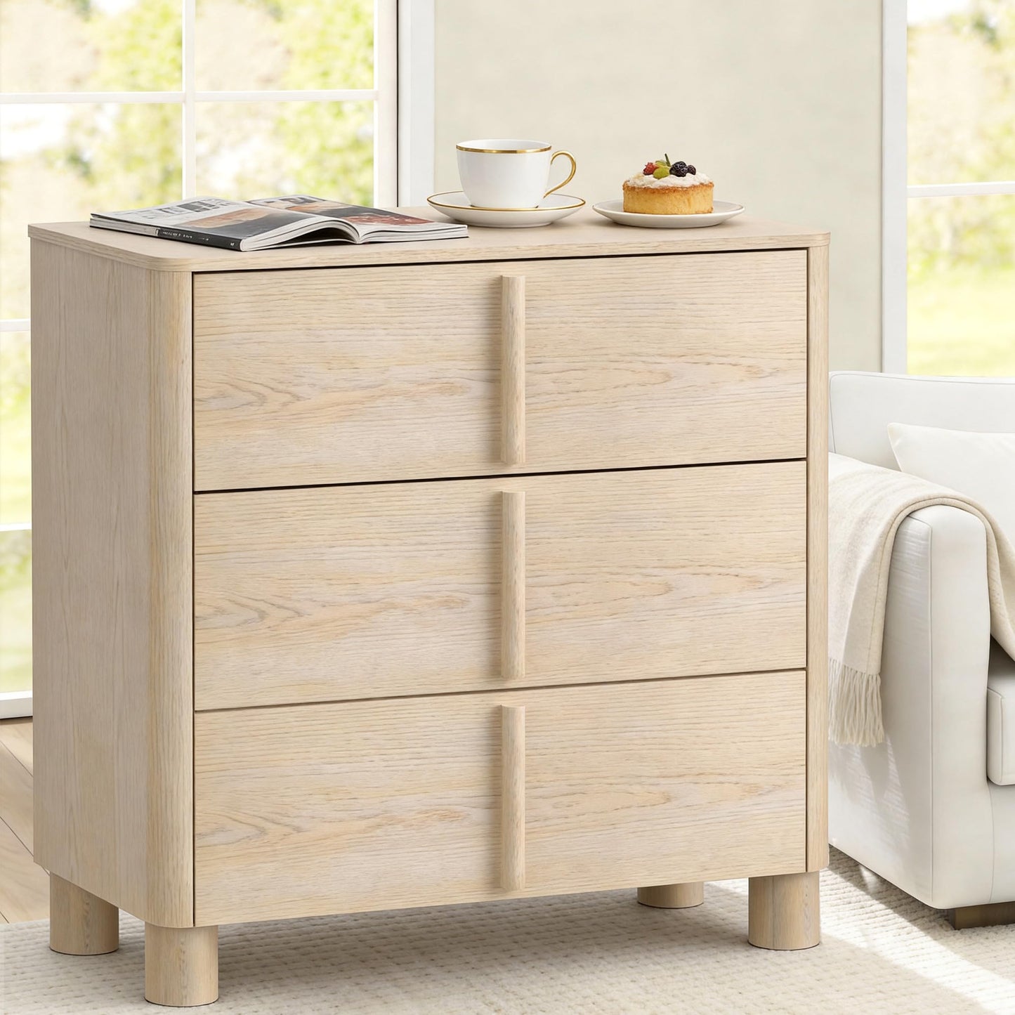 Hotmeily 31.5" Wide 3 Drawer Nightstand, Wood Grain Chest of Drawers, Large Bedside Storage Cabinet with Drawers for Bedroom, Curved Design with Rounded Wood Handles,Natural Wood