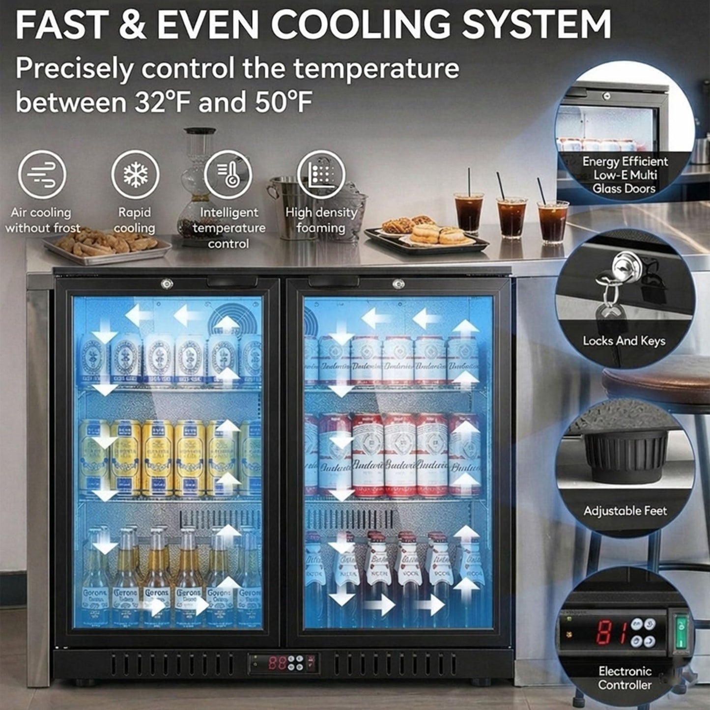 BODEGACOOLER 35.4 Inch Under Counter Beverage Refrigerator, 2 Door Back Bar Cooler, Dual Zone 32–50°F, 7.4 Cu.Ft Built-in or Freestanding Glass Door Fridge with LED Lighting, Holds 216 Cans/62 Bottles