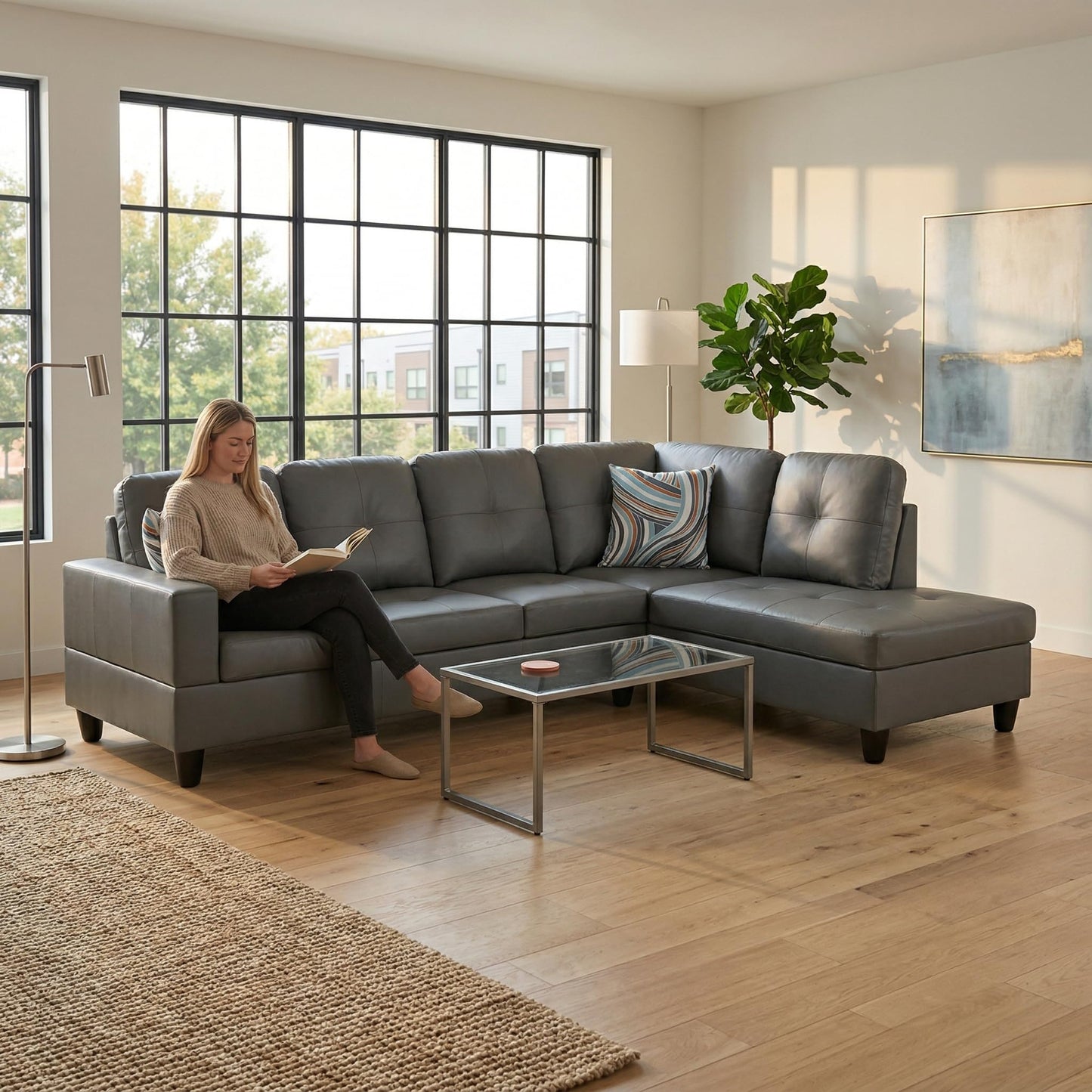 NicBex Leather 103.5" Sectional Couches for Living Room, 2-Piece L-Shaped Sectional Couch with Movable Lounge Chaise, Multi-Scene Use for Apartment & Office, Dark Grey