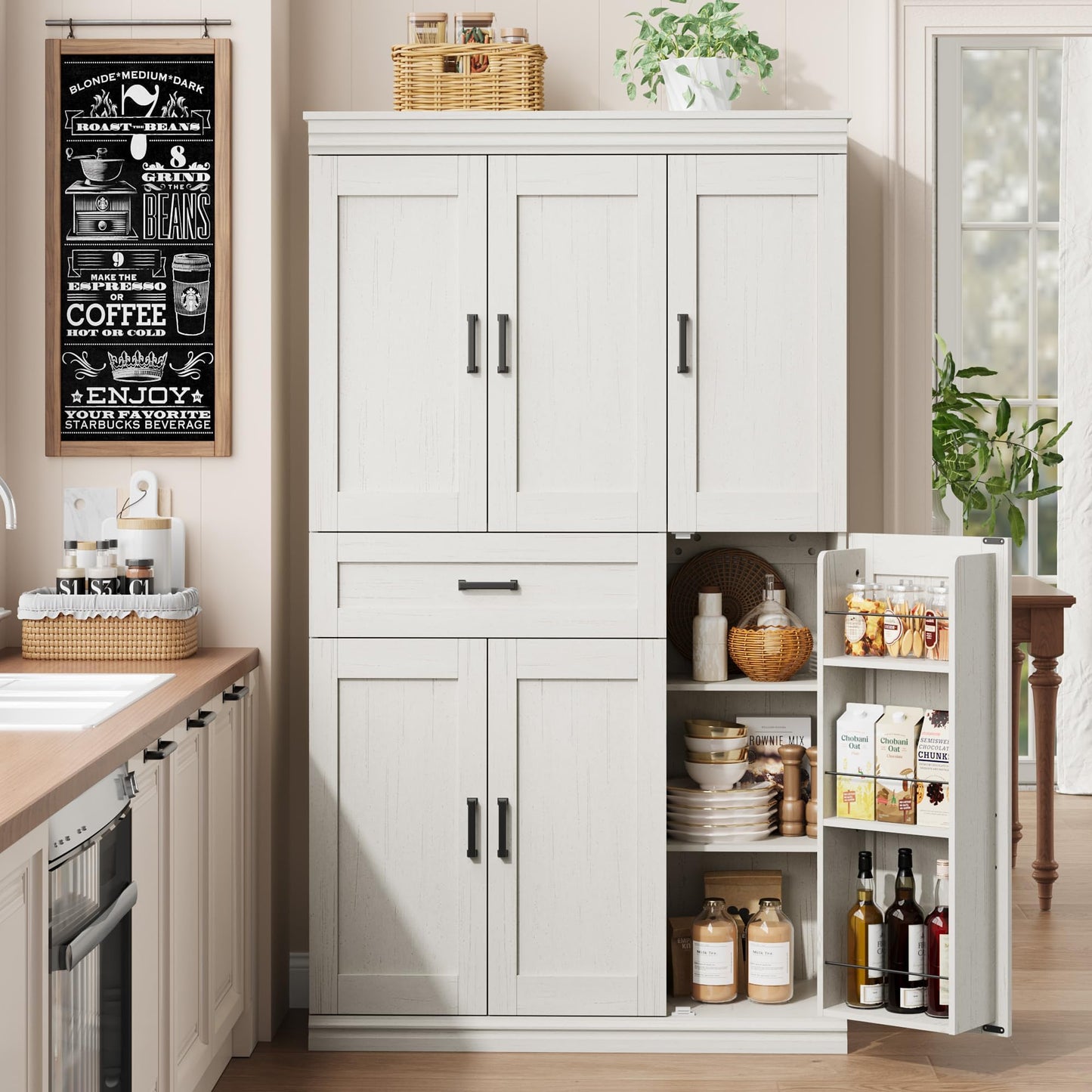 Garvee 70" Tall Kitchen Pantry Storage Cabinet, Modern Kitchen Hutch Cabinet with Doors and Shelves, Freestanding Food Pantry with Large Storage Drawer for Dining Room and Household Organization