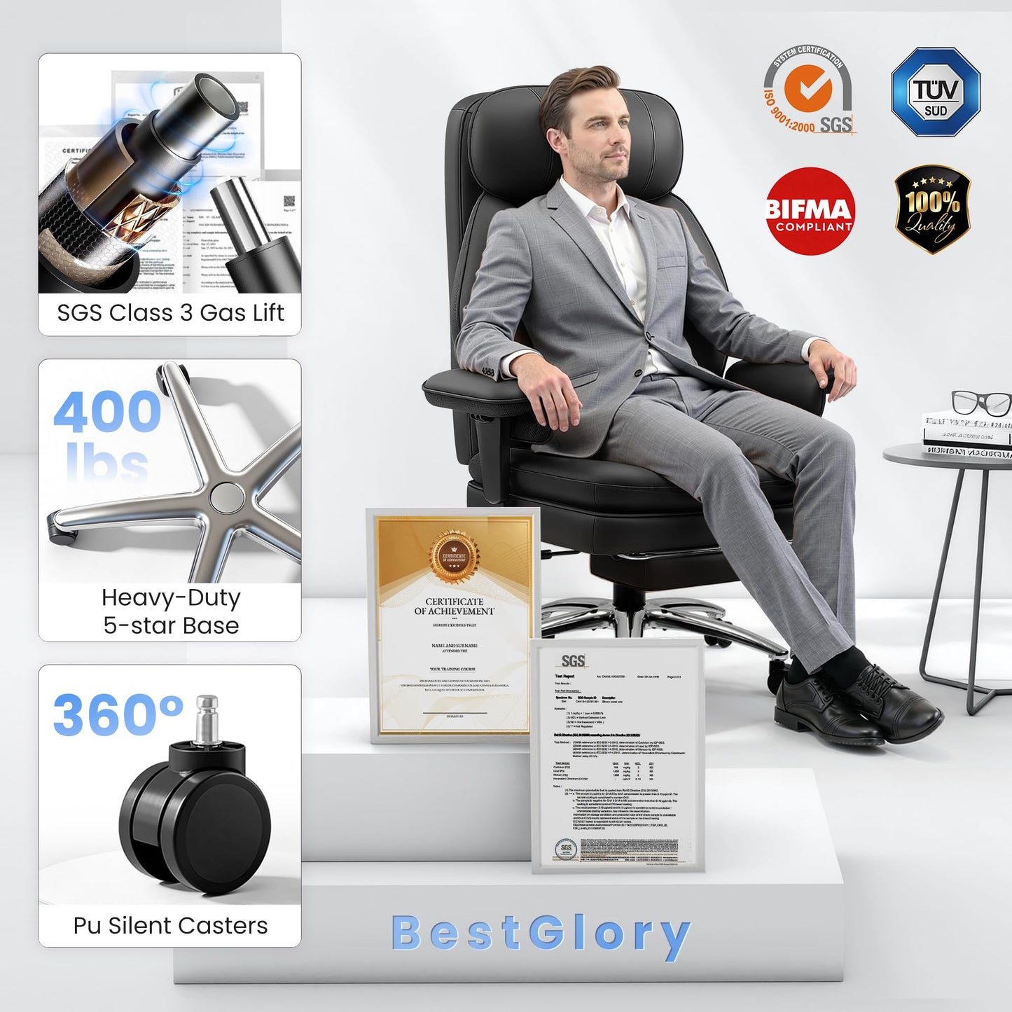 BestGlory Office Desk Chair with Inflatable Lumbar Support, Ergonomic Office Chair [Upgraded Double-Layer Cushion & Footrest], 400 LBS Big and Tall Computer Desk Chair for Home Office Gaming, Black