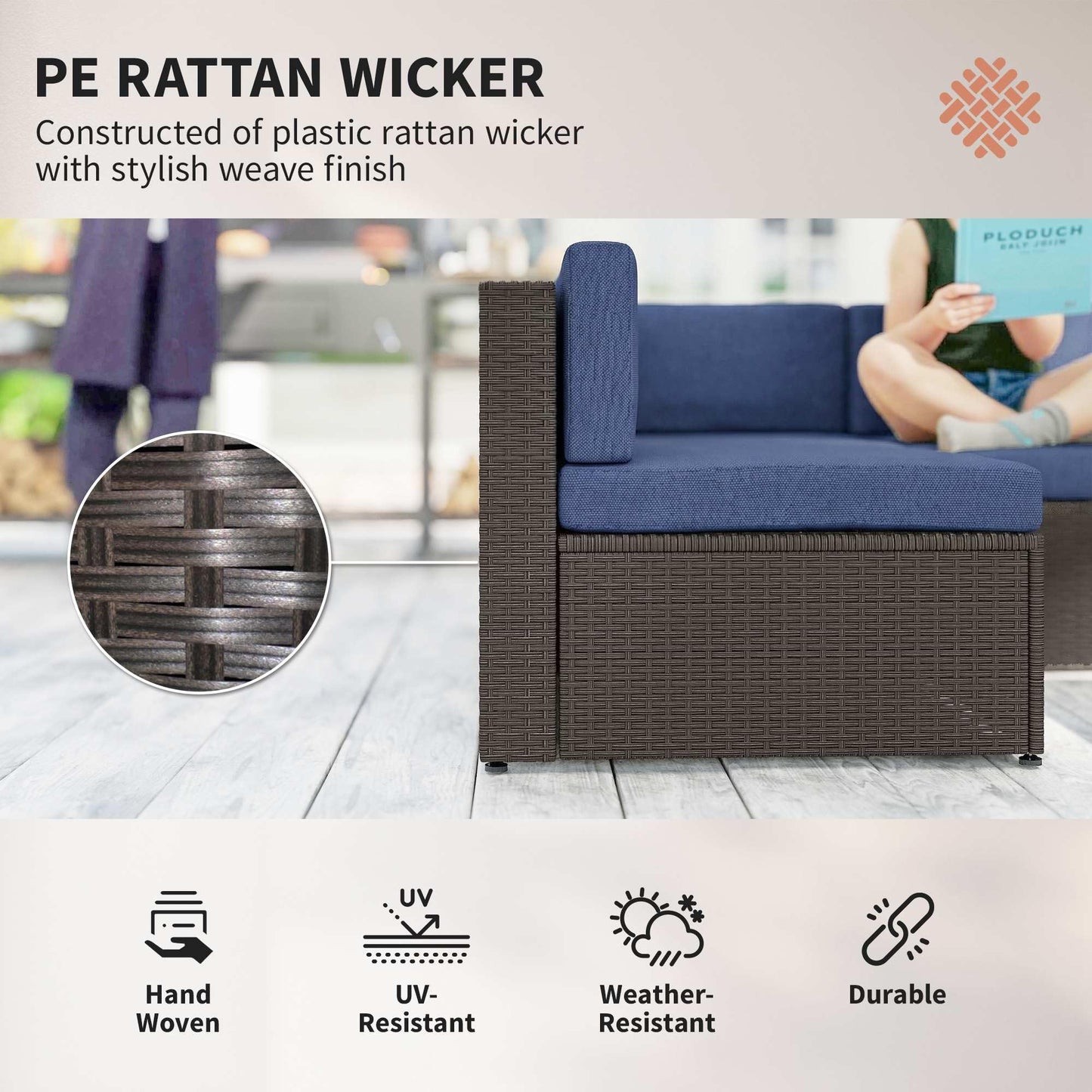 Outsunny 7 Piece Patio Furniture Set, Wicker Outdoor Sectional Sofa Set, All Weather PE Rattan Outdoor Furniture Conversation Sets with Cushions, Glass Top Coffee Table, Dark Blue