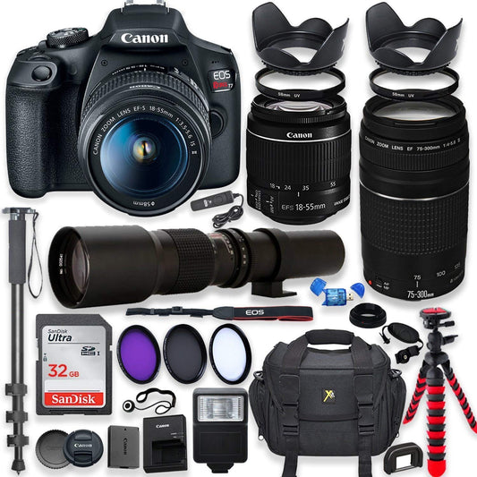 Canon EOS Rebel T7 DSLR Camera Bundle with 18-55mm IS II, EF 75-300mm III, and 500mm Preset Lens, 32GB Memory and Accessories (Renewed)