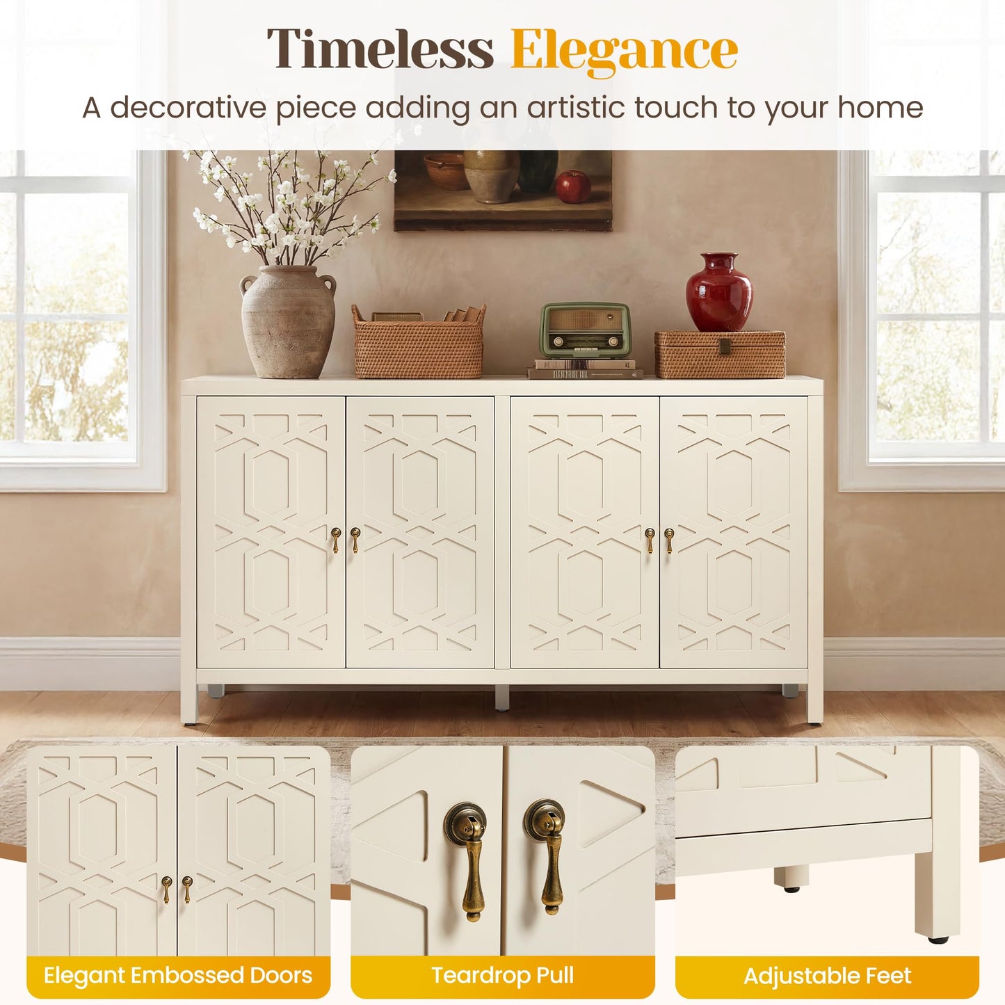 FansaFurn 60'' Buffet Cabinet with 4 Doors, Modern Wood Sideboard with Adjustable Shelves, Painted Coffee Bar Table Credenza Storage Cabinet for Living Room, Dining Room, Beige