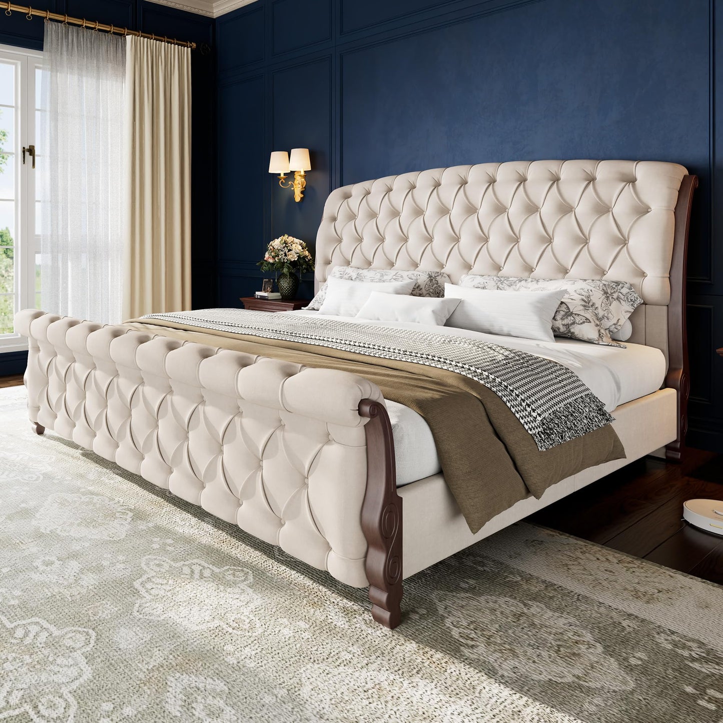 AMERLIFE Upholstered King Bed Frame, 53" Tall Sleigh Bed with Button Tufted Chenille Headboard and Footboard, Platform Bed with Carved Solid Wood Legs, No Box Spring Needed, Cream