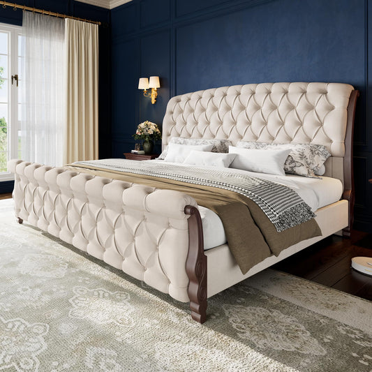 AMERLIFE Upholstered King Bed Frame, 53" Tall Sleigh Bed with Button Tufted Chenille Headboard and Footboard, Platform Bed with Carved Solid Wood Legs, No Box Spring Needed, Cream