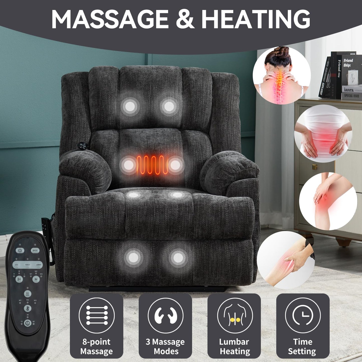 GDFStudio Dual Motor Power Lift Recliner Chair with Massage and Lumbar Heat, Heavy Duty Electric Reclining Chair with Remote Control, Supports Up to 350 LBS, Grey