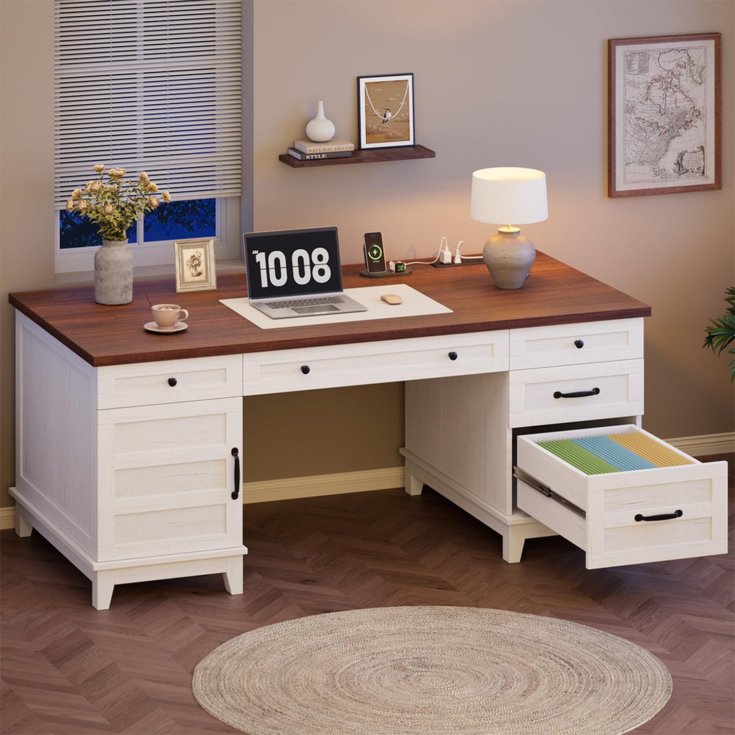 GAOMON 60in Wooden Executive Desk with 5 Drawers, Office Desk Computer Table with Charging Station, Farmhouse Home Office Desk with File Cabinet Storage, for Study and Home Office, White Walunt