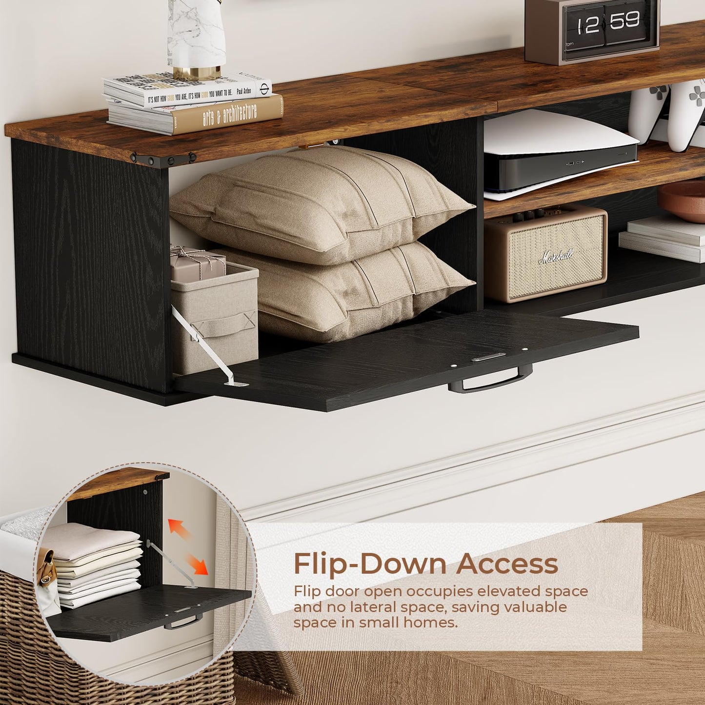 70" Farmhouse Floating TV Stand for TVs up to 90", 2-Tier Floating Entertainment Center with Flip Doors, Floating tv shelf with Storage, Wall Mounted TV Console for Living Room, Bedroom, Black