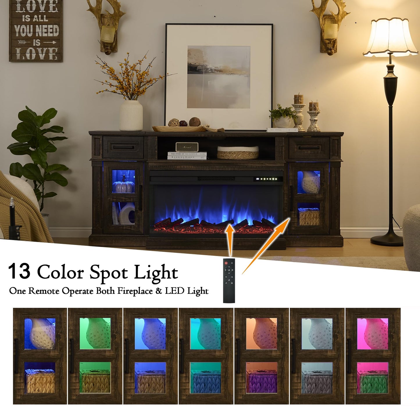 Unineo 3-Side Fireplace TV Stand for up to 80 Inch TV, LED Entertainment Center with 36 Inch Electric Fireplace, Farmhouse TV Console Table w/Drawers & Cabinets for Living Room, Dark Rustic Oak