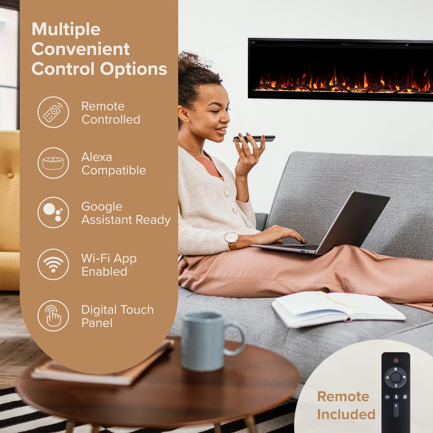 Modern Ember Aerus Slim 60 Inch Smart Linear Electric Fireplace | Recessed in-Wall or Wall-Mount | LED Multiple Flame Colors | Alexa/WiFi Enabled | 4.25” Profile | Remote Included