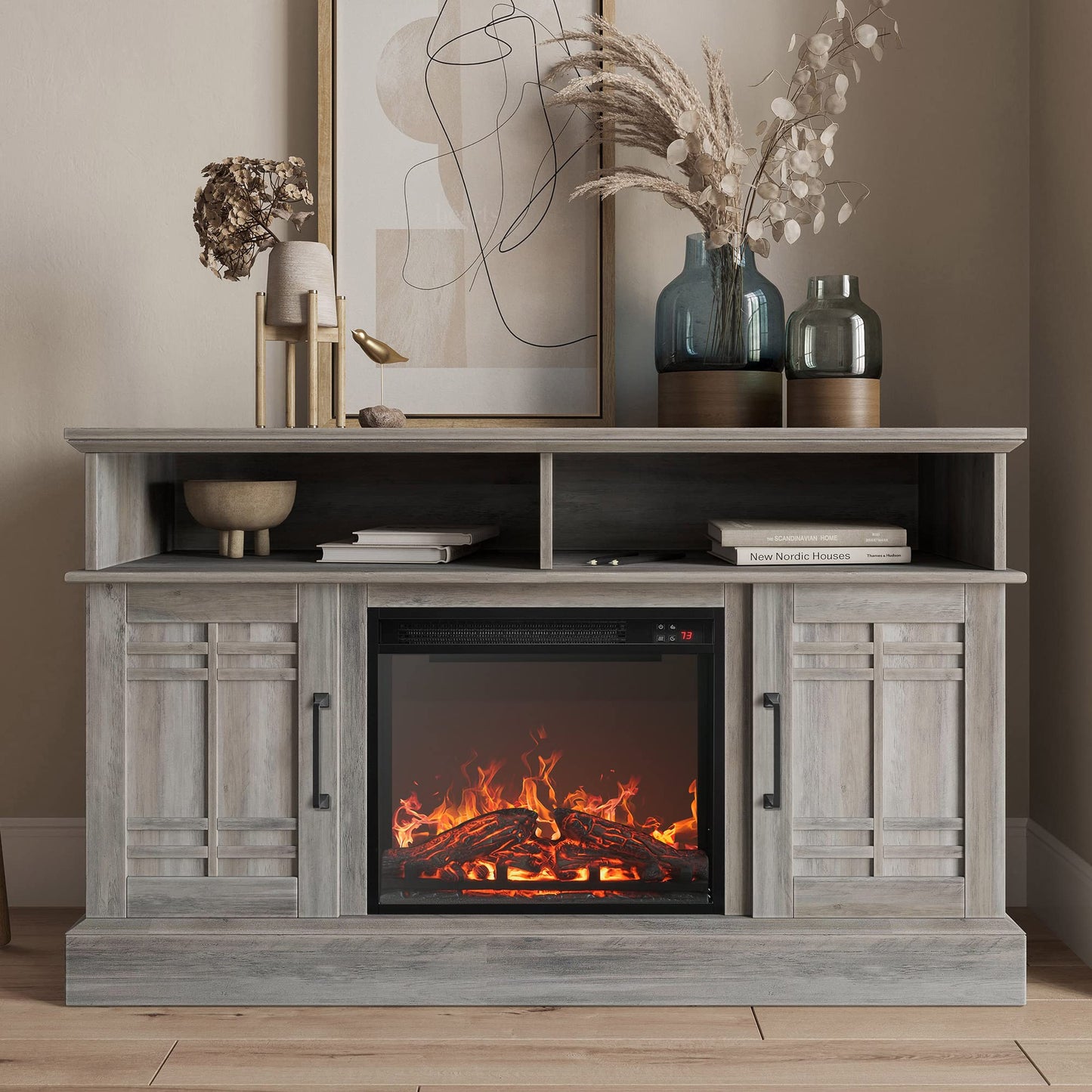 BELLEZE 48" TV Stand with 18" Electric Fireplace Heater, Modern TV Stand for TVs up to 50", Entertainment Media Stand with Open Shelves and Storage Cabinets for Living Room, Bedroom (Grey Wash)