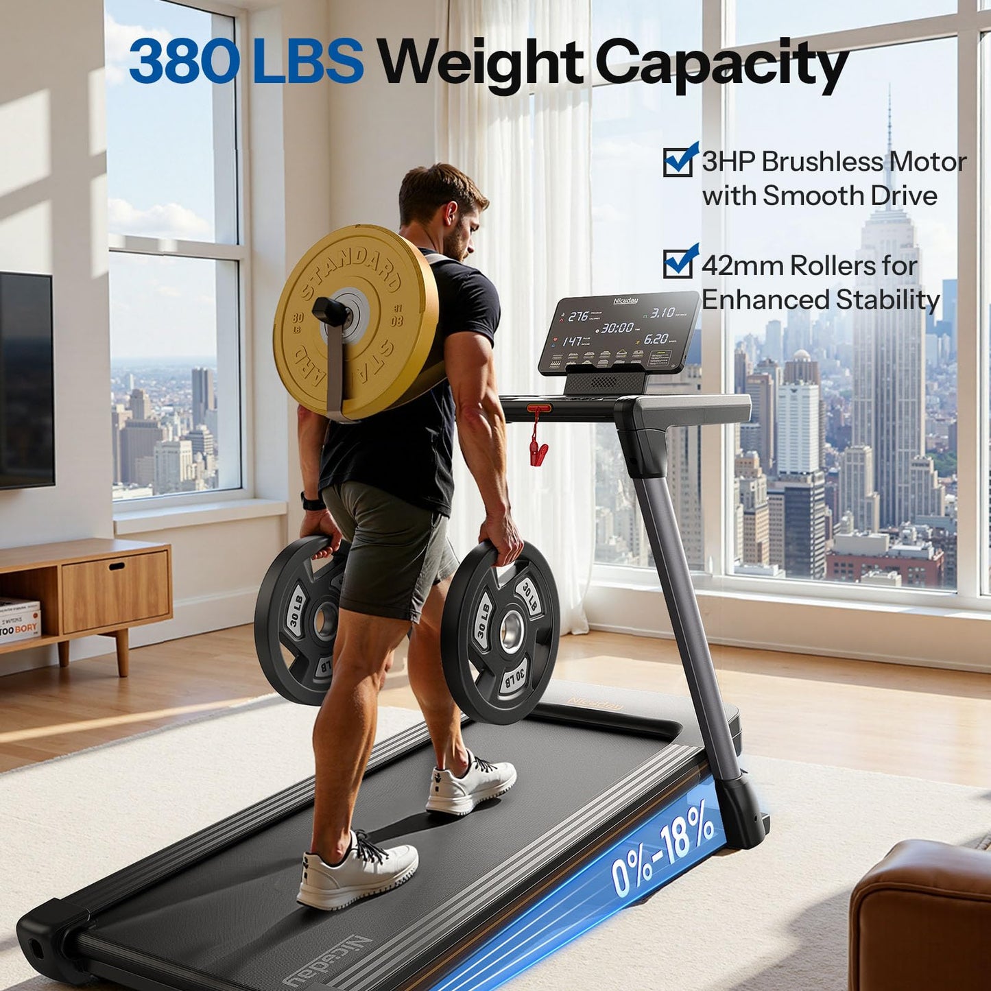 Niceday TM2 Treadmill with 18% Auto Incline, 3.0HP Brushless Wide Belt Foldable Home Treadmills with Handles,380 lb Capacity, Smart Fitness Apps and 0.6-8.7MPH Indoor Running Machine for Fun Home Gym