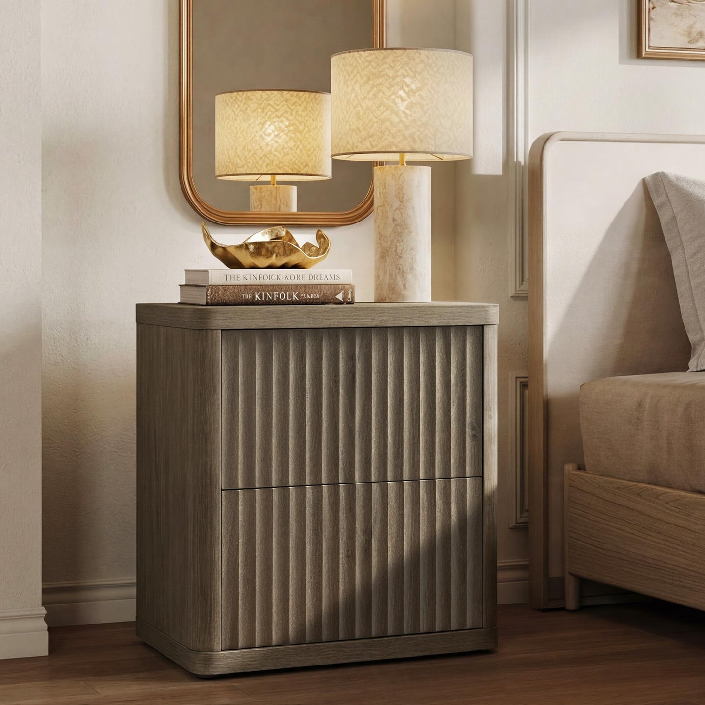 SICOTAS Night Stand Nightstand with 2 Drawers Storage Bedside Table Large Fluted Bed Side End Table Modern 24.4" Tall Wide Night Stands for Bedroom Living Room Sofa Couch Home Office, Grey Alder