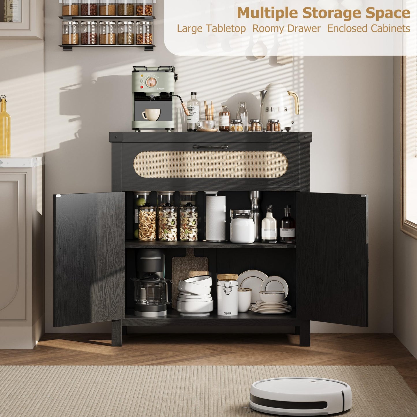 Garvee 29.9 in Small Rattan Buffet Cabinet with Storage, Kitchen Coffee Bar Cabinet with Doors and Drawer, Boho Farmhouse Sideboard with Adjustable Shelves and Handle for Living Room, Black