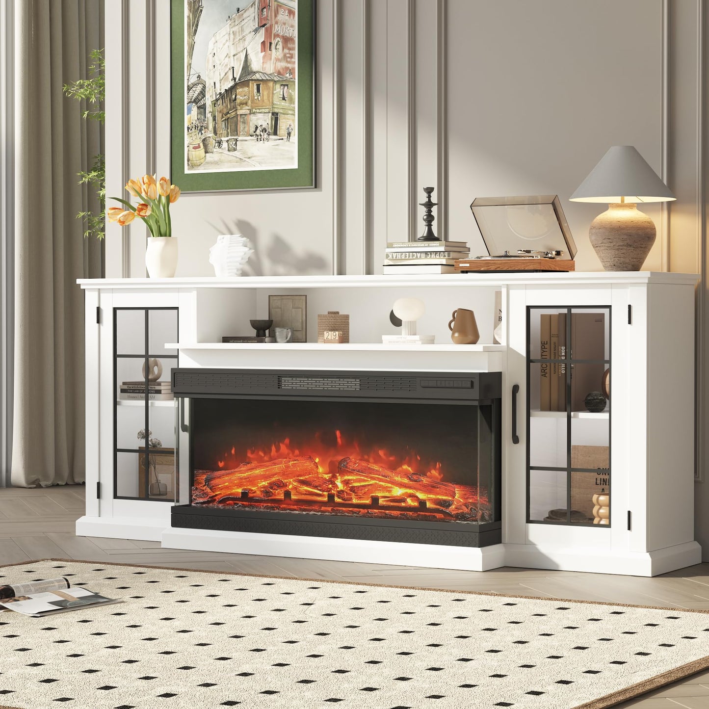 Fireplace TV Stand, 75'' TV Stand with 40" Fireplace, Electric Fireplace Heater, Entertainment Center with Frame and LED Light Colors, TV Console Cabinet