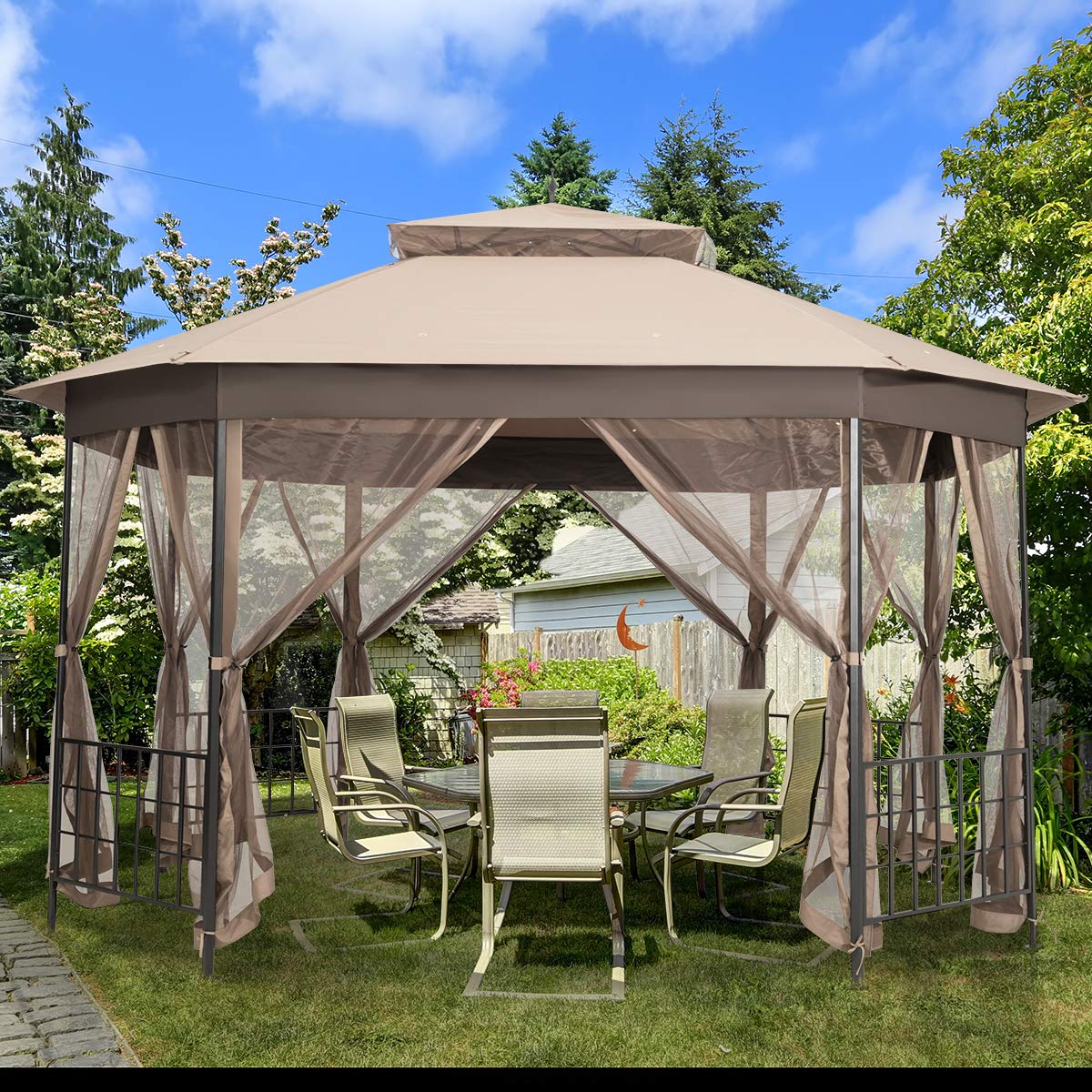 Tangkula 10 x 12 Ft Patio Gazebo, Heavy Duty Octagonal Canopy with Netting Sidewalls & Sturdy Steel Frame, Double Roof Vented Shelter for Backyard Event Party BBQ (Brown)