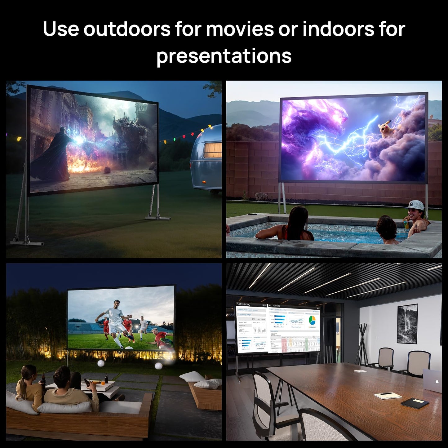 AWOL VISION Folding Outdoor Projector Screen with Stand (120 inches), Portable 16:9 4K HD Rear Front Movie Screen with Carry Bag for Theater Backyard Movie Night,Cinema School