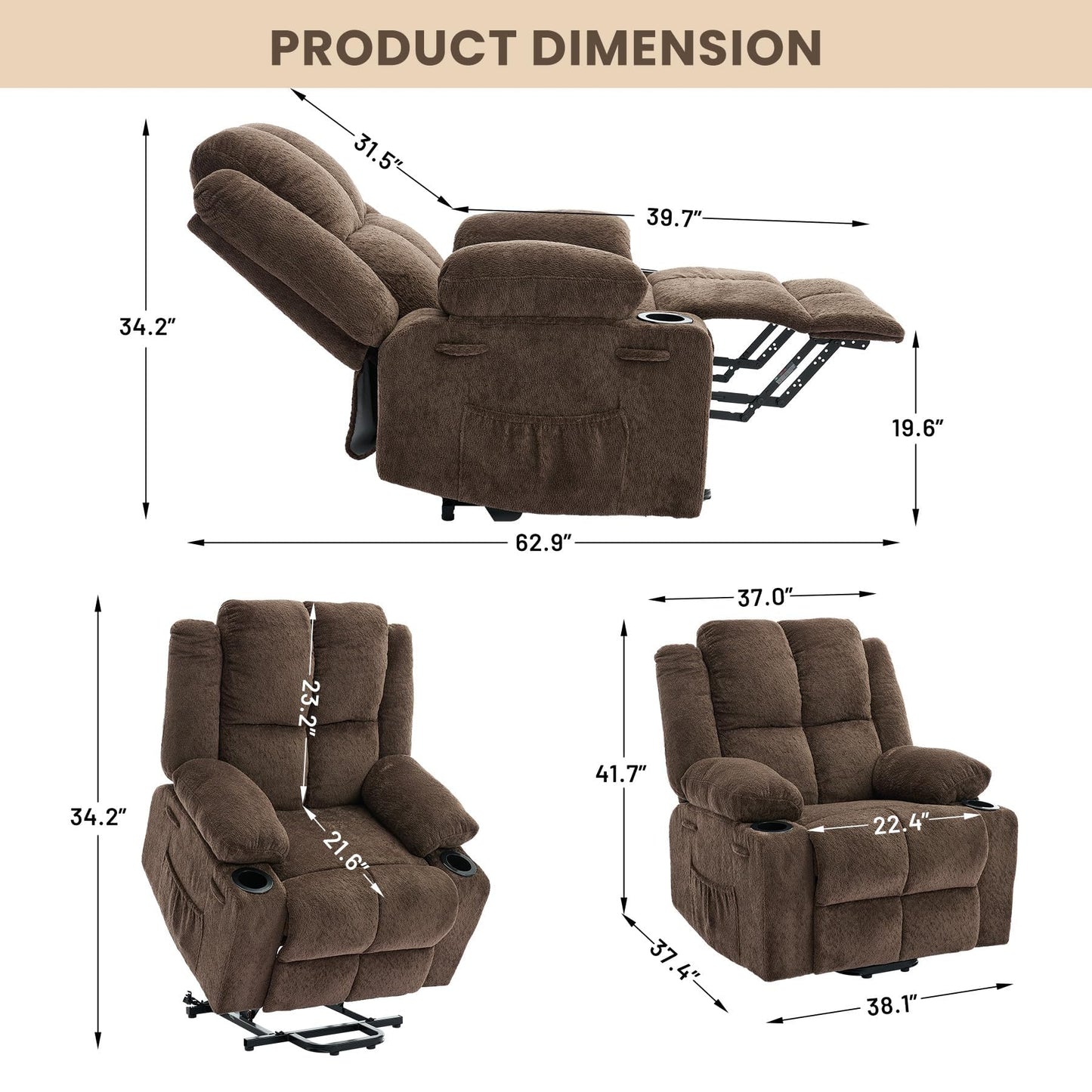 MilleLoom Oversized Power Lift Recliner Chair for Elderly with Vibration Massage and Lumbar Heating,150°Adjustable Lay Flat Lift Chair Electric Recliner Chairs,Stand Assist for Living Room,Brown