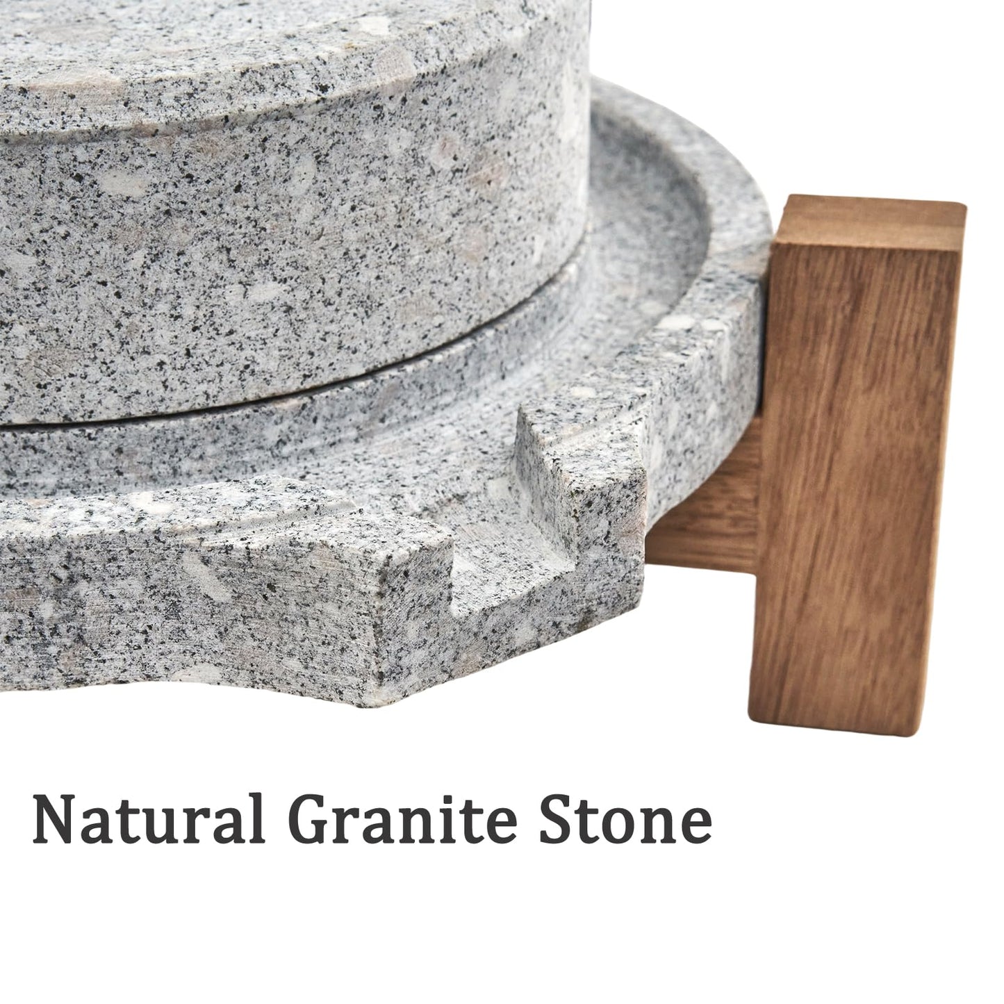 Stone Grain Mill - Manual Flour Mill with Stable Wood Base, Natural Granite Stone Grinder Mill for Dry & Wet Use, Home Kitchen Tool (9.8 x 13.8 inch)