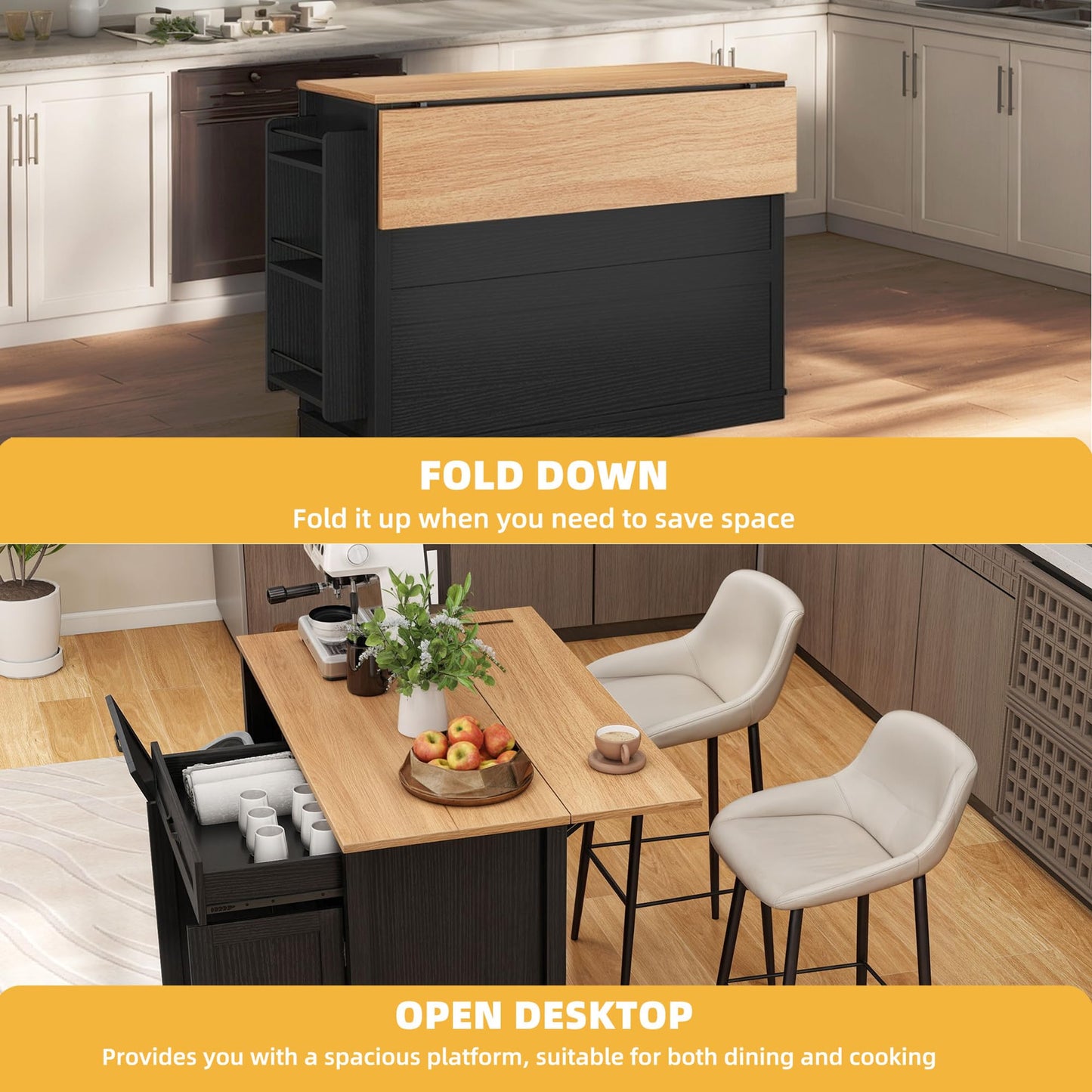 DWVO Tilt-Out Kitchen Trash Cans Cabinet, 50 Inch Rolling Kitchen Island with Drop Leaf, Portable Mobile Storage Island, Hidden Waste Bins Cabinet for 13 Gallon Garbage Bin, Black