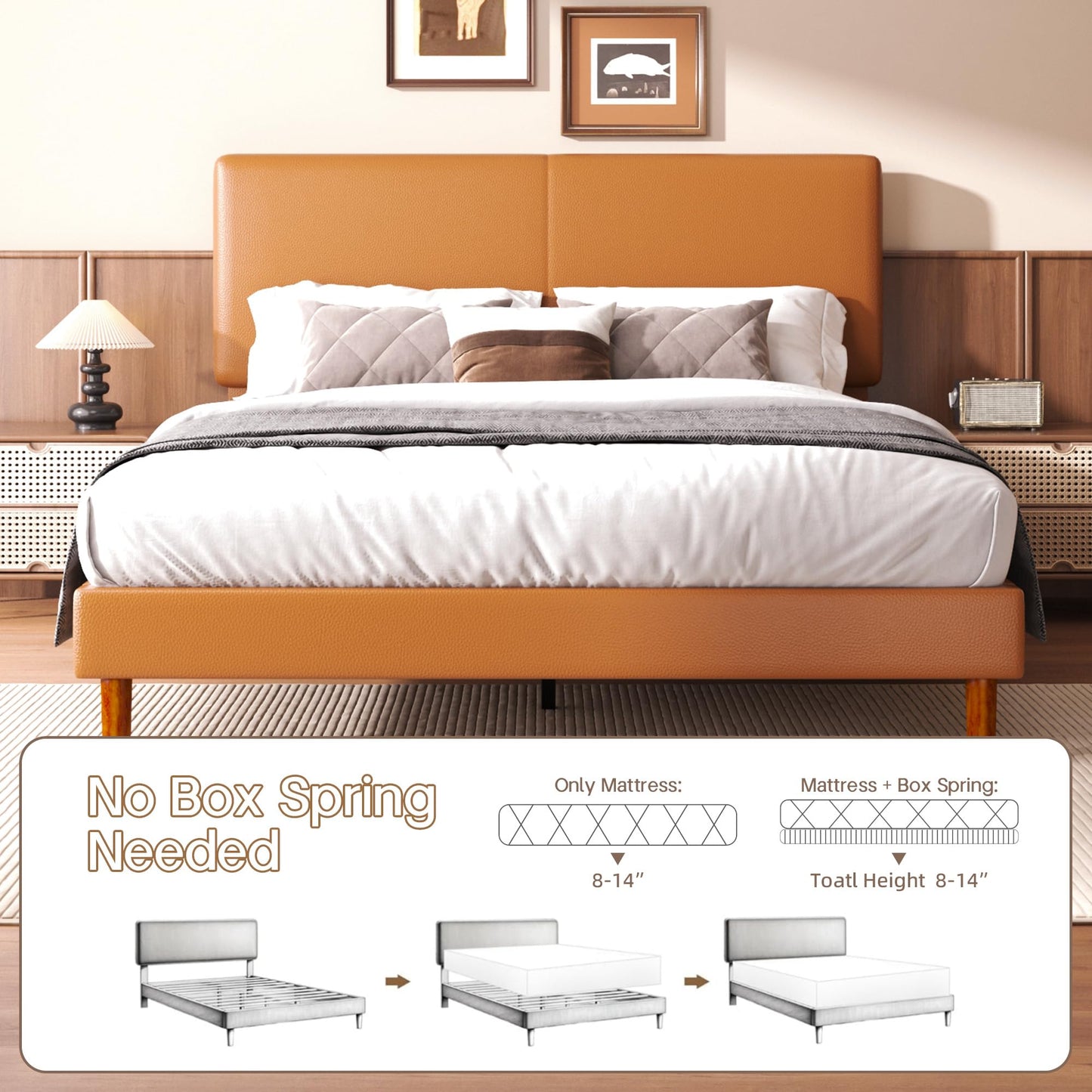 Lcwtvgxr Full Upholstered Platform Bed Frame with Headboard, Faux Leather Modern Bed Frame with Wood Slat Support, No Box Spring Needed, Easy Assembly, Orange-Brown