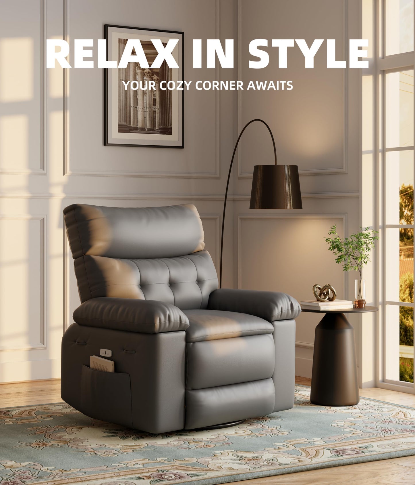 IDEALHOUSE Power Recliner Chair with Massage and Heat, Leather Fabric Reclining Sofa Chair, 360° Swivel Recliner Chairs with Cup Holder for Living Room, Bedroom, Nursery, Grey1