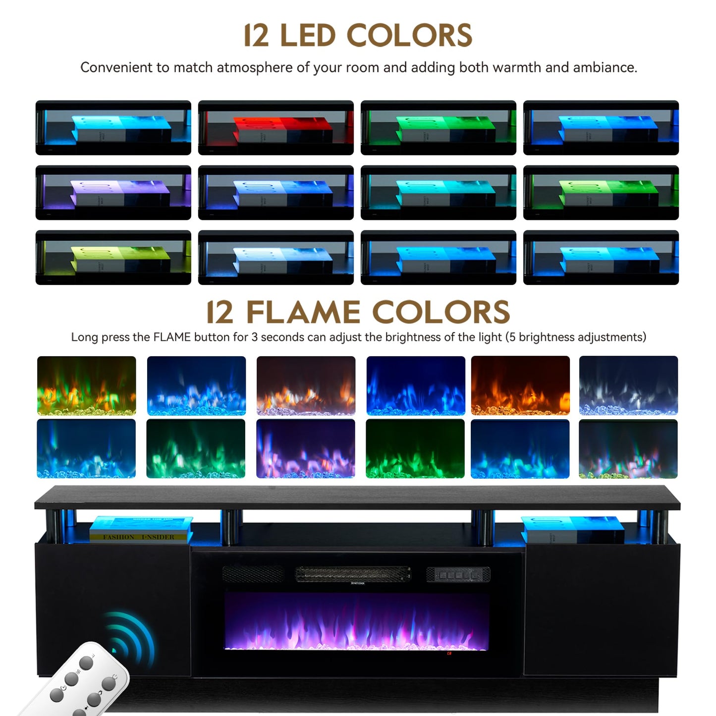 OneBlis 80" Fireplace TV Stand for TVs UP to 90", Electric Fireplace Entertainment Center with LED Lights & Storage Cabinets, TV Console for Living Room, Office, Black-Black