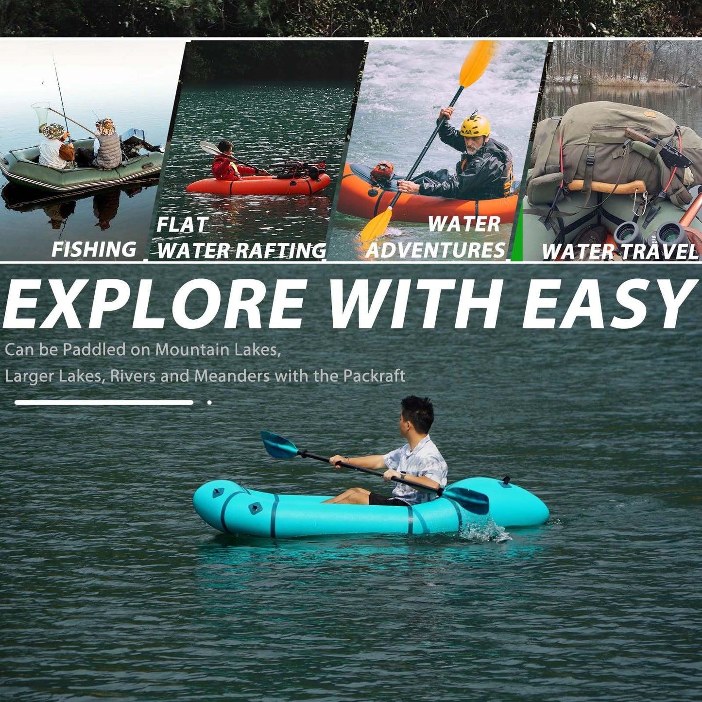 JUSTOOP PVC Packrafts,1 Person Packraft for Flat Water Rafting Camping Trip/Fishing/Water Adventures, Travel Kayak with Two-Way Manual Pump, 300lb Weight Capacity, Teal