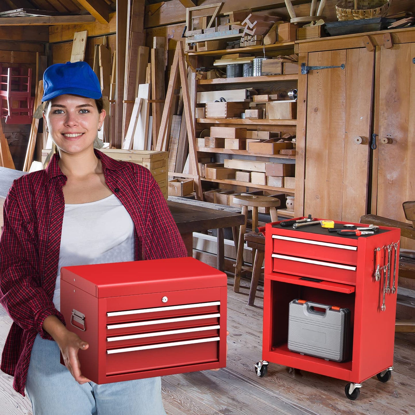 ERGOMASTER Rolling Tool Chest Cabinet Big Tool Storage Cabinet on Wheels and Lock System, Toolbox Organizer with Sliding Liner - 6-Drawers & Red