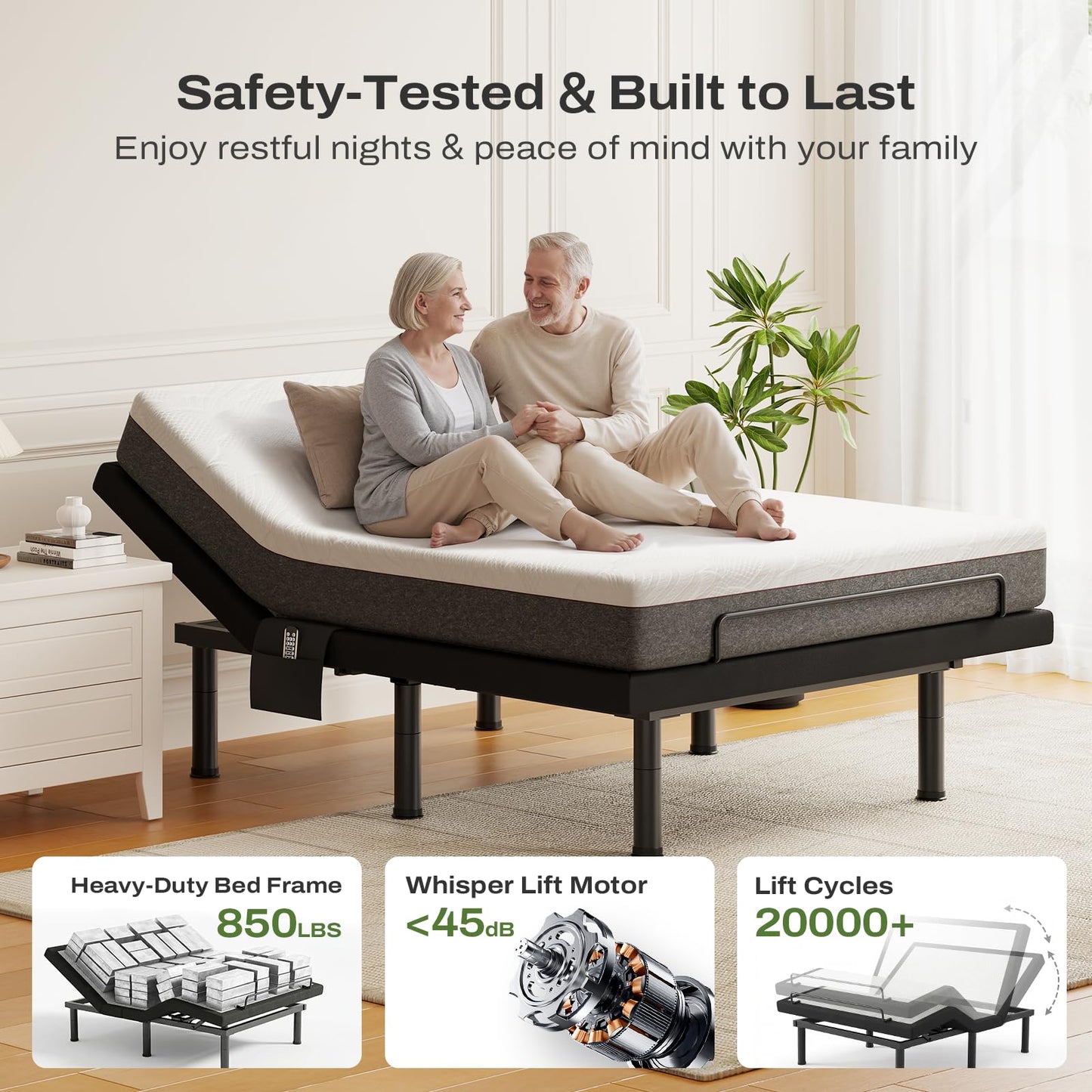DOMIA Full Adjustable Bed Frame with Massage, Electric Bed Base with Head & Foot Incline, USB Ports & LED Night Light, Side Pocket, Wireless Remote, 3 Height Options, Zero Gravity, Easy Assembly