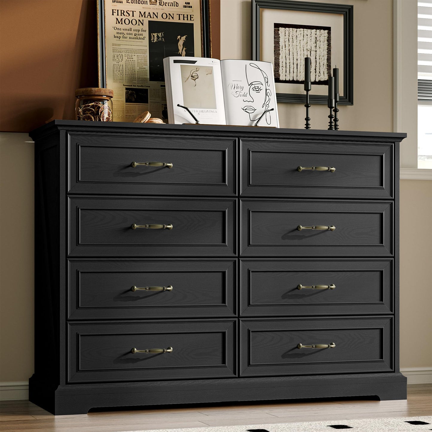 Farmhouse 8 Drawers Dresser for Bedroom, 48" Wide Modern Chest of Drawers with Deep Drawers & Bar Handles, Wood Dresser TV Stand, Wooden Rustic Closet Storage Organizer for Living Room, Hallway, Black
