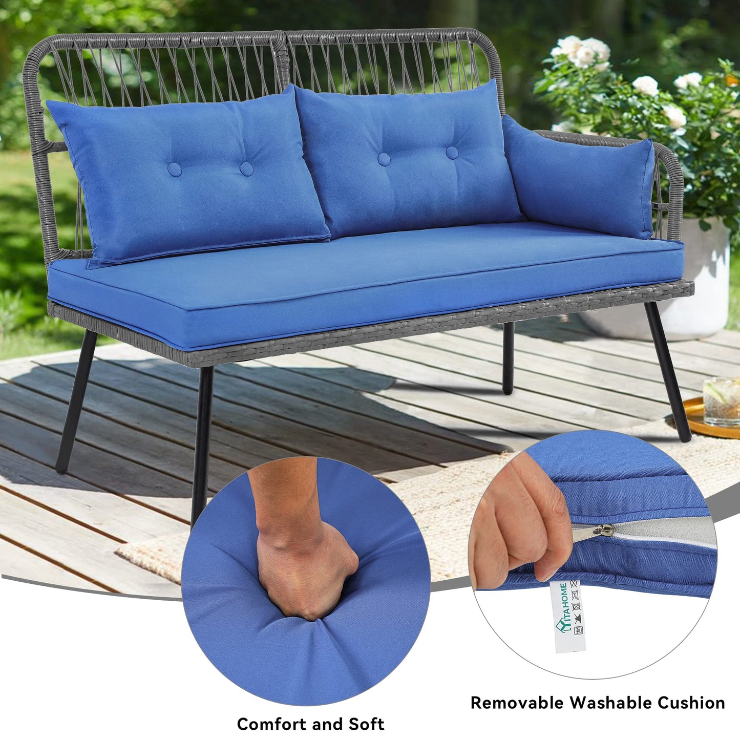 YITAHOME Patio Furniture L-Shaped Coversation Sectional Outdoor Sofa Set for Backyard, Porch with Thick Cushions Detachable Lounger, Side Table (Gray+Navy Blue)