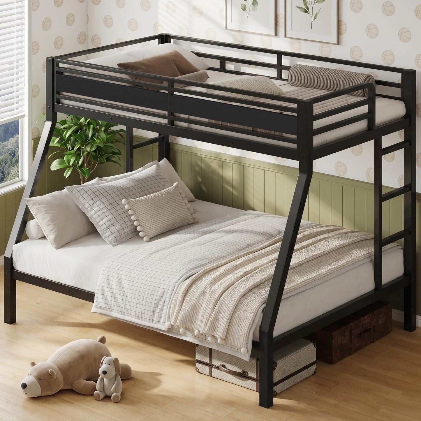 iPormis Heavy Duty Twin Over Full Bunk Beds, Metal Twin Bunk Bed Frame with 12.8" Guardrails, Loft Bed Frame for Kids and Teens, Reversible Ladder, Under Bed Storage Space, No Box Spring Needed, Black