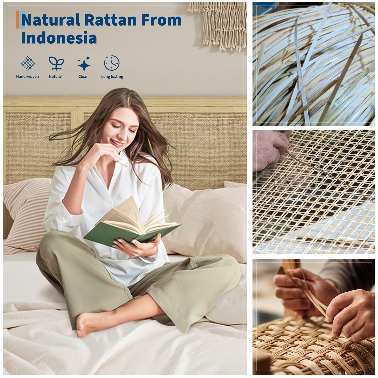 GarveeLife Full Size Boho Rattan Platform Bed Frame, Premium Cane Weave Headboard Design, Reinforced Metal Foundation Support, Space Saving Pull Out Drawers for Storage, Modern Bedroom Furniture Set