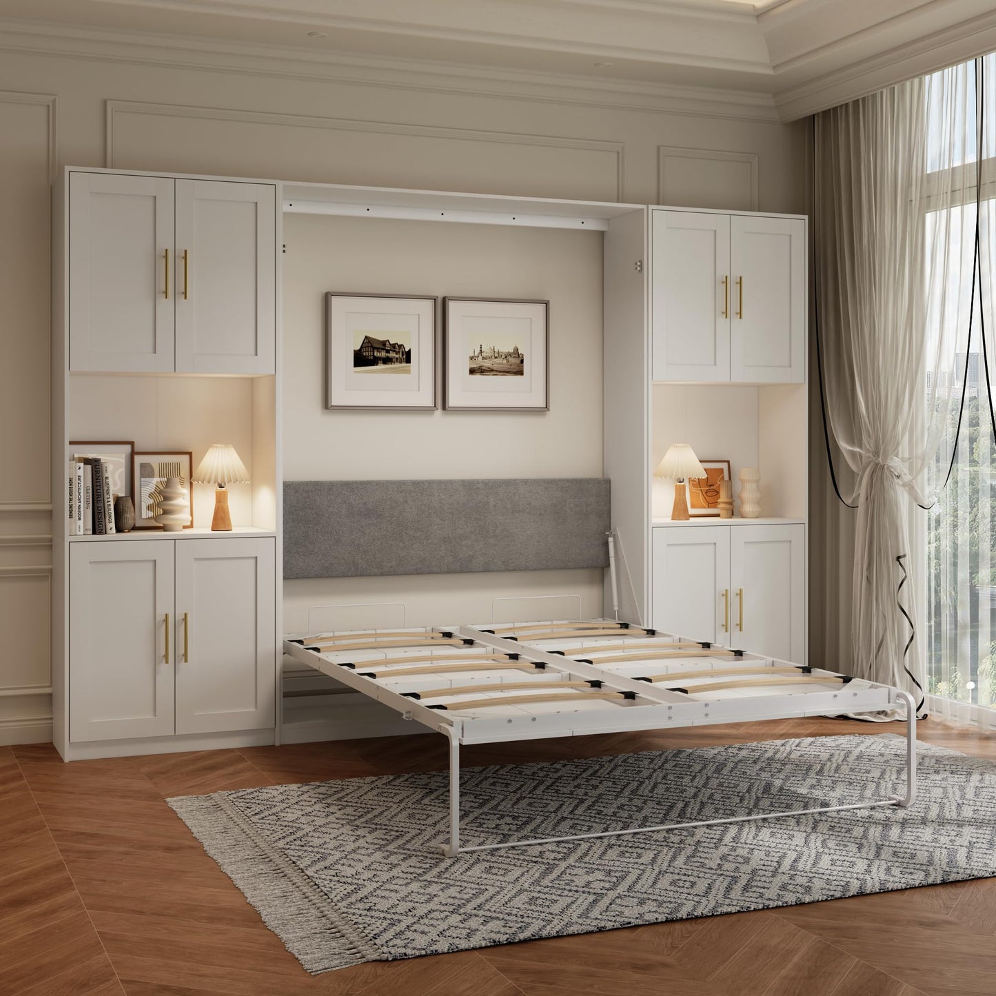 Jiaoun Queen Murphy Bed,Farmhouse Guest Beds,Folding Wall Bed with Hydraulic Bar,64" W Twin Murphy Beds with 2 Cabinet for Small Spaces/Offices/Apartments/Guest Room,White