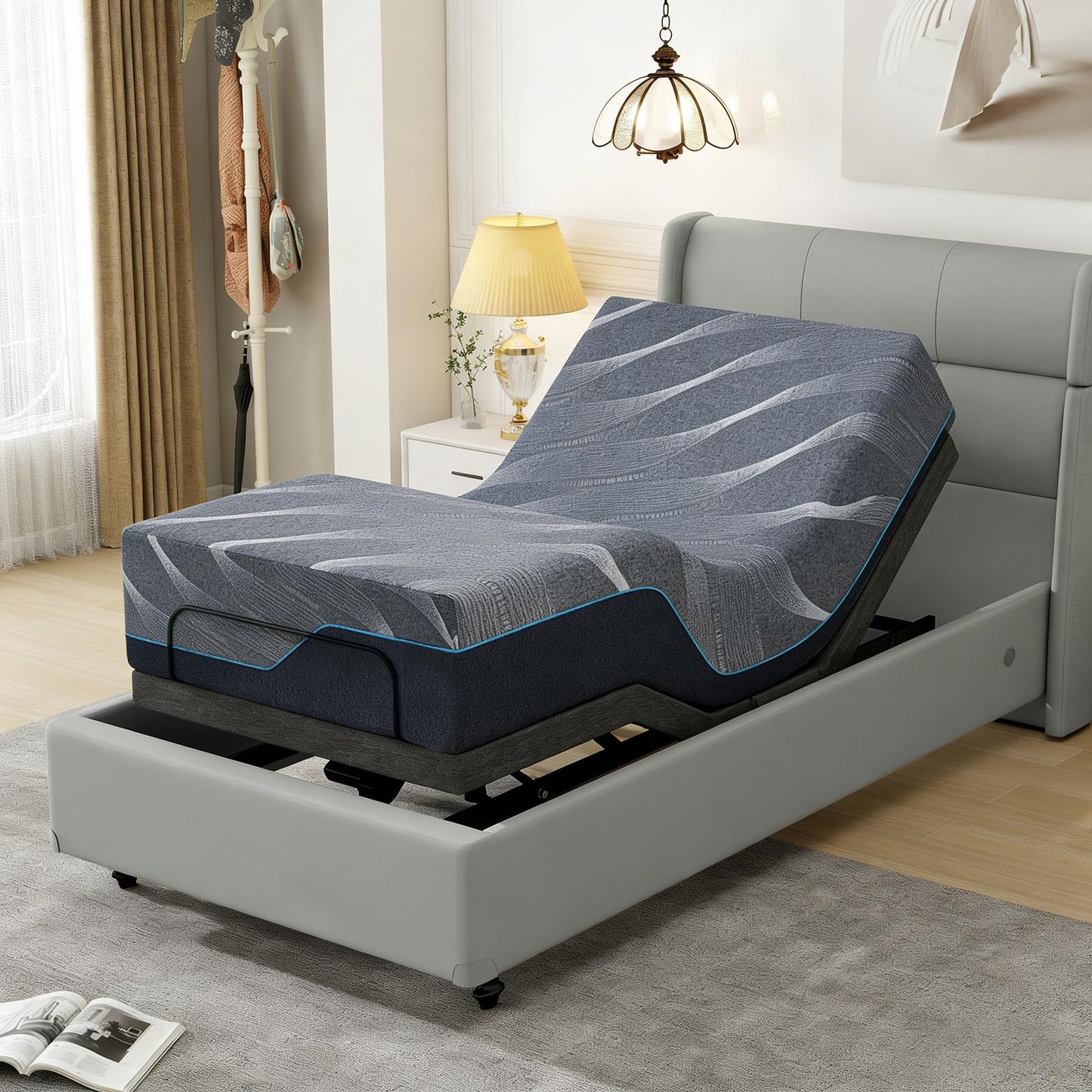 Vipbear Twin XL Adjustable Bed Frame with Mattress - 14 Inch Grey Gel Memory Foam Firm Mattress in Box, Adjustable Bed Base with Under-Bed LED Light, USB Ports,Wireless Remote